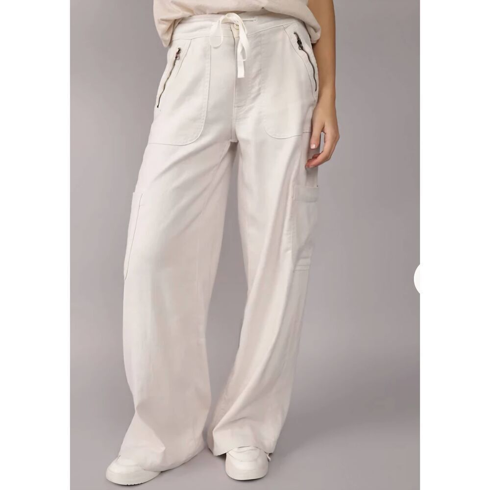 American Eagle Pants Women's 18 Natural Dreany Drape Linen Blend Baggy Cargo